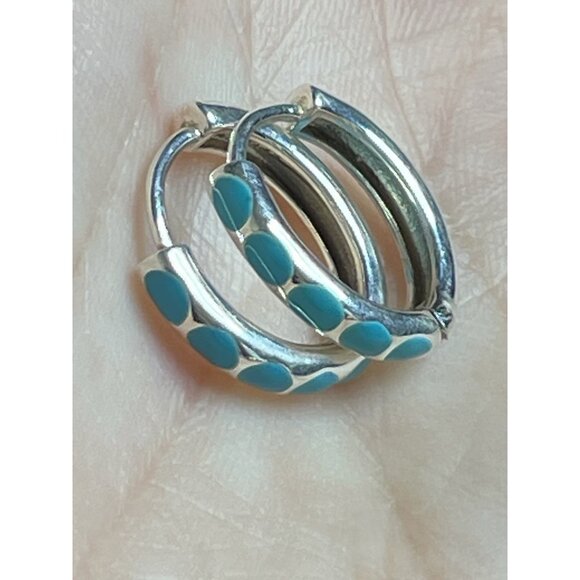 Aqua Blue Enamel 925 Silver Huggie Hoop Earrings Pierced - Picture 9 of 13
